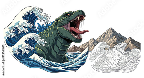 Monster Emerging from Giant Wave, Japanese Art Style