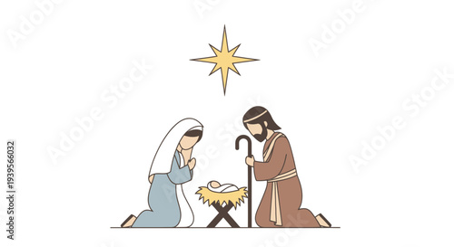Nativity Scene: Mary, Joseph, Baby Jesus, and Star of Bethlehem illustration