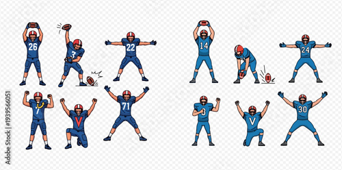 American football players in various poses and actions, showcasing different game moments.