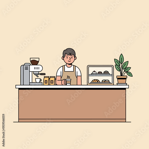 Barista serving coffee at counter with pastries and coffee machine in cafe