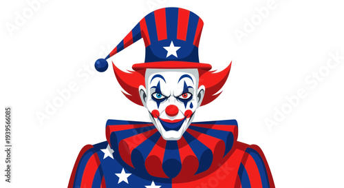 Scary Clown Portrait with American Flag Colors and Jester Hat