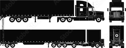 Semi truck with trailer silhouette vector showing side, front and rear views isolated on white background for transport design