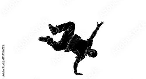 Silhouette Breakdancer Performing Dynamic Freestyle Move on White Background