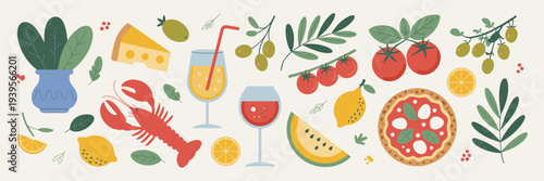 Italian food and drink flat with lobster and plants