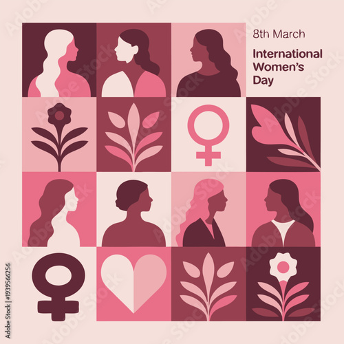 Geometric grid layout illustration for international womens day featuring female silhouettes floral patterns heart shapes and gender symbols in maroon and pink color palette