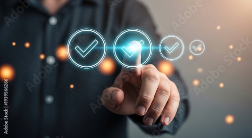 A person interacting with a futuristic interface of glowing checkmarks