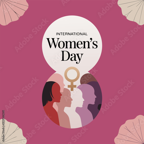 Creative abstract number eight composition for international womens day featuring silhouettes of diverse women inside circular frame on dark magenta background with shells