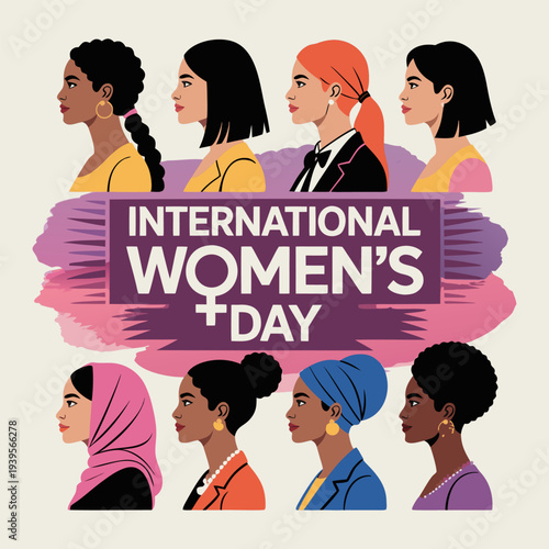 Diverse group of women in side profile portraits surrounding international womens day text on artistic purple brush stroke background representing global female inclusion