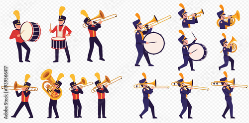 Set of cartoon marching band musicians playing various brass instruments and drums in uniform.