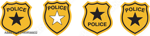 Four yellow police badges with black outlines and stars