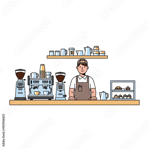 Barista smiling behind coffee shop counter with espresso machines and pastries