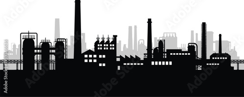 Industrial Factory City Skyline Silhouette with Power Plants, Chimneys and Manufacturing Buildings Representing Heavy Industry and Urban Industrial Landscape Vector Illustration