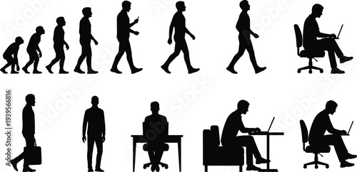 Human Evolution to Modern Office Worker Silhouette Set Showing Man Walking Businessman Using Smartphone Laptop Working Concept Vector Illustration