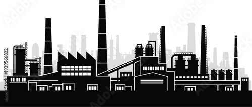 Industrial Factory Skyline Silhouette with Chimneys, Power Plants and Manufacturing Buildings Representing Heavy Industry and Urban Production Landscape Vector Illustration