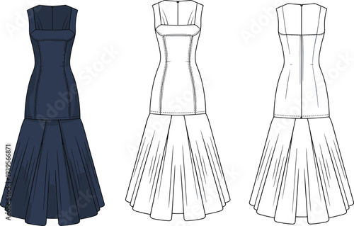 Three views of a navy blue fitted dress with a flared skirt and structured bodice