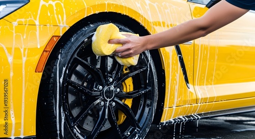 Person washing car wheel with sponge, yellow vehicle, soap suds