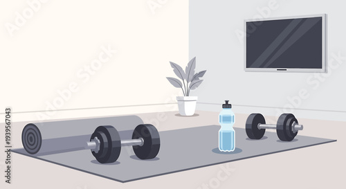 Home Gym Workout Setup with Dumbbells and Yoga Mat Illustration