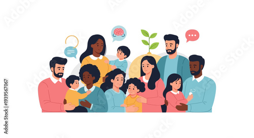 Diverse Families and Community Unity: Modern flat illustration of multi-ethnic adults and children, symbolizing support, growth, and well-being.