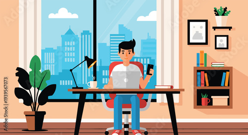 Remote Work Freelancer Using Laptop and Smartphone at Home Office Workspace with City View Modern Lifestyle Illustration