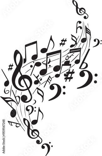 Musical notes silhouette vector illustration flowing symphony melody for art design theme