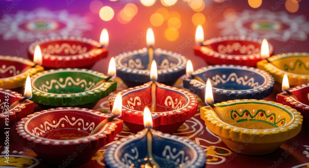 Fototapeta premium Vibrant diyas lit up for Diwali celebration with colorful designs