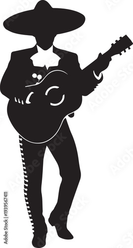 Mexican mariachi musician playing guitar, vector silhouette illustration, traditional latin american music