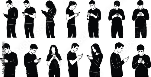 Modern People Using Smartphone Silhouette Set, Men and Women Mobile Phone Addiction Concept, Social Media Communication Technology Black Vector Illustration Collection