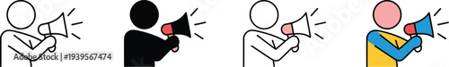 Four simple figures holding megaphones person announcement