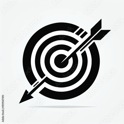 Black and white vector icon of a target with an arrow hitting the bullseye on a clean background, symbolizing accuracy and focus.