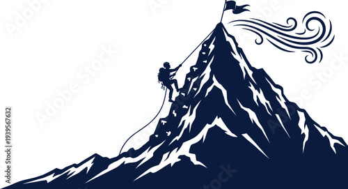 Mountain Climber Reaching Summit with Flag Symbolizing Success, Achievement and Determination Adventure Concept Vector Illustration with Majestic Peak Landscape