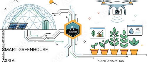 Smart Greenhouse AI Agriculture System with Drone Monitoring Plant Analytics and Sustainable Farming Technology Illustration