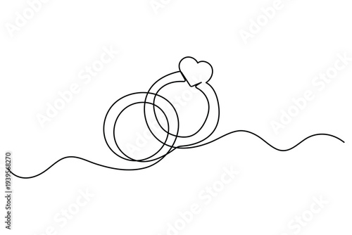 Continuous one line drawing of wedding rings and engagement ring minimalist illustration
