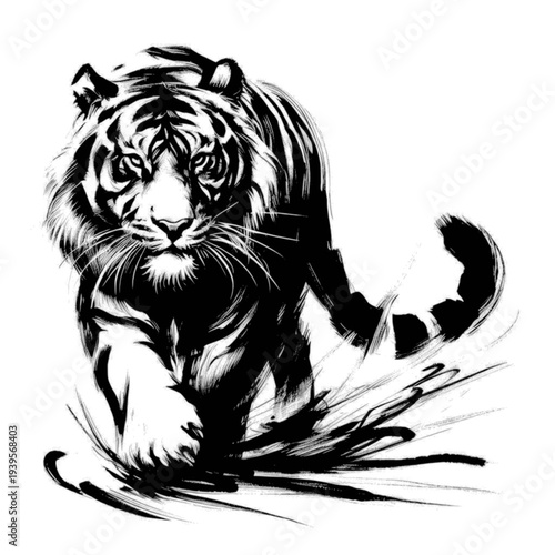Ink illustration of a tiger in motion, walking forward with intense gaze vector svg