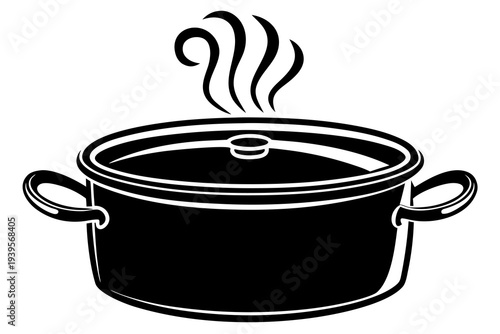 Simplistic black and white illustration of a steaming cooking pot with lid and handles for kitchen decor