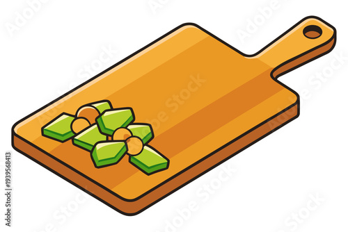 Cartoon style chopping board with sliced green and orange vegetables for cooking preparation
