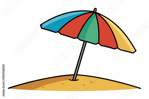 Colorful beach umbrella on sunny sandy beach for relaxation and sun protection at seaside vacation