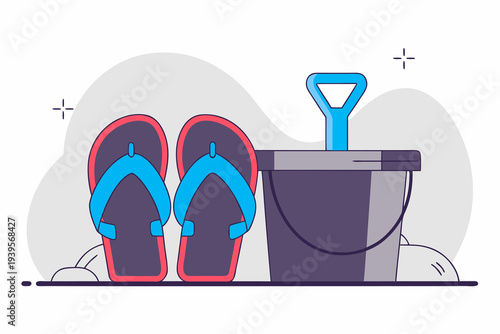 Colorful beach flip-flops and bucket with shovel on sand hints at relaxing summer vacation fun under sunny skies by the shore