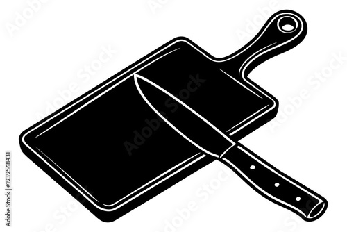 Silhouette of cutting board and chef's knife on wooden surface in kitchen setting