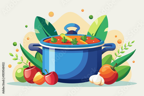 Colorful pot of vegetable soup with fresh ingredients including apples and garlic surrounded by leaves and greenery in a vibrant kitchen scene
