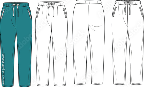 Four pairs of drawstring pants in teal and white with side pockets and elastic waists