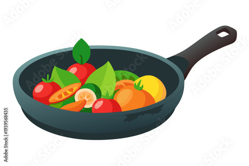 Colorful vegetables in a skillet: tomatoes, carrots, and leafy greens in non-stick frying pan for healthy cooking and vibrant culinary art