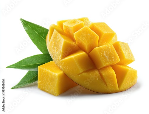 Ripe, diced mango with vibrant green leaves against white