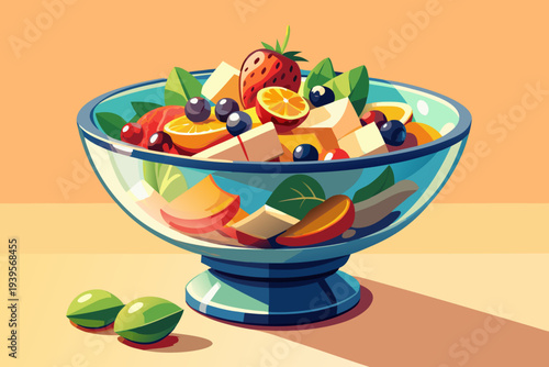 Vibrant fruit salad in blue glass bowl with strawberries, citrus, kiwi, and berries on a warm-toned surface