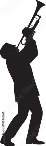 Trumpet player silhouette vector illustration, musician performing, line art instrument player
