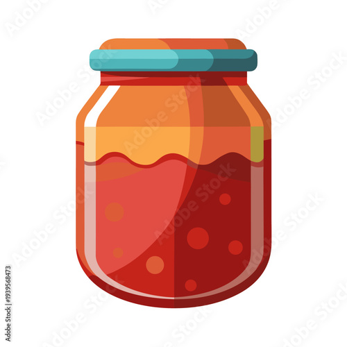 Colorful cartoon jam jar with blue lid filled with sweet red fruit spread and decorative bubbles on a white background