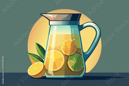 Refreshing pitcher of citrus lemonade with lemon and lime slices against a sunlit backdrop