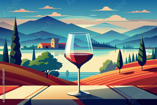Scenic vineyard landscape with wine glass overlooking hills, lake, and countryside at sunset near picturesque mountain range