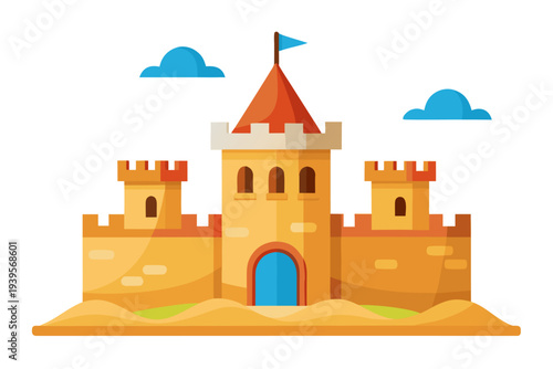 Whimsical sandcastle with blue flag and turrets under a clear sky with puffy clouds on a sandy beach
