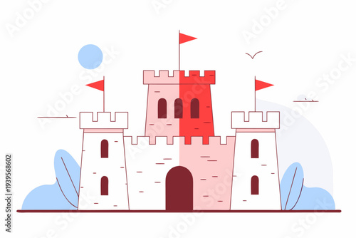 Whimsical red and white castle illustration with flags and turrets surrounded by minimalist nature elements in a simple cartoon style