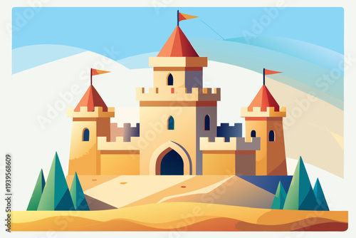 Enchanting medieval castle with red turrets set amidst rolling hills and vibrant blue sky with majestic flags flying